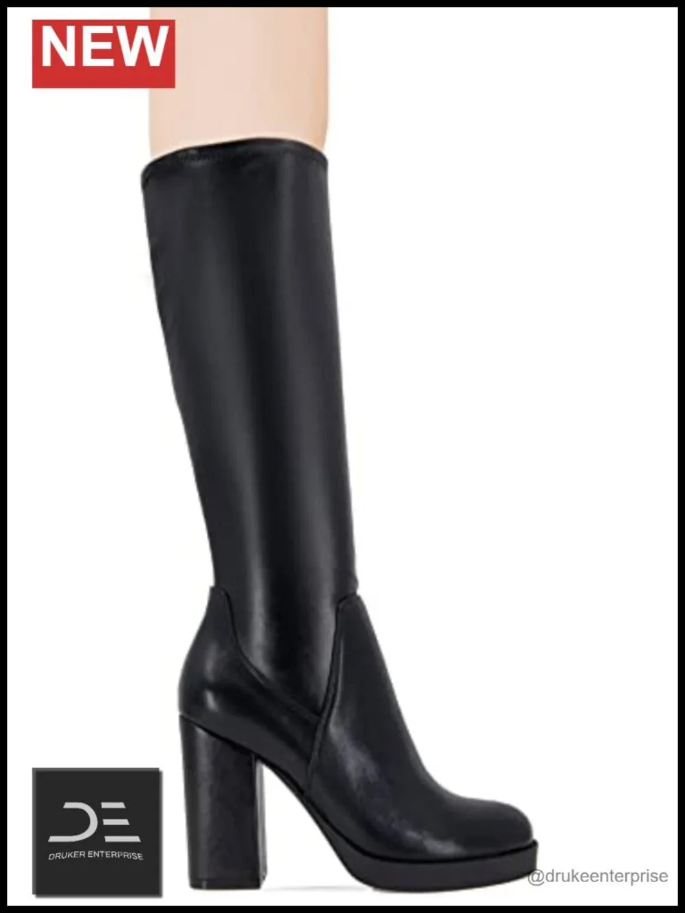 Faux Stretch Leather Knee High Boots Zip Closure Round Toe Block Heel Bootie